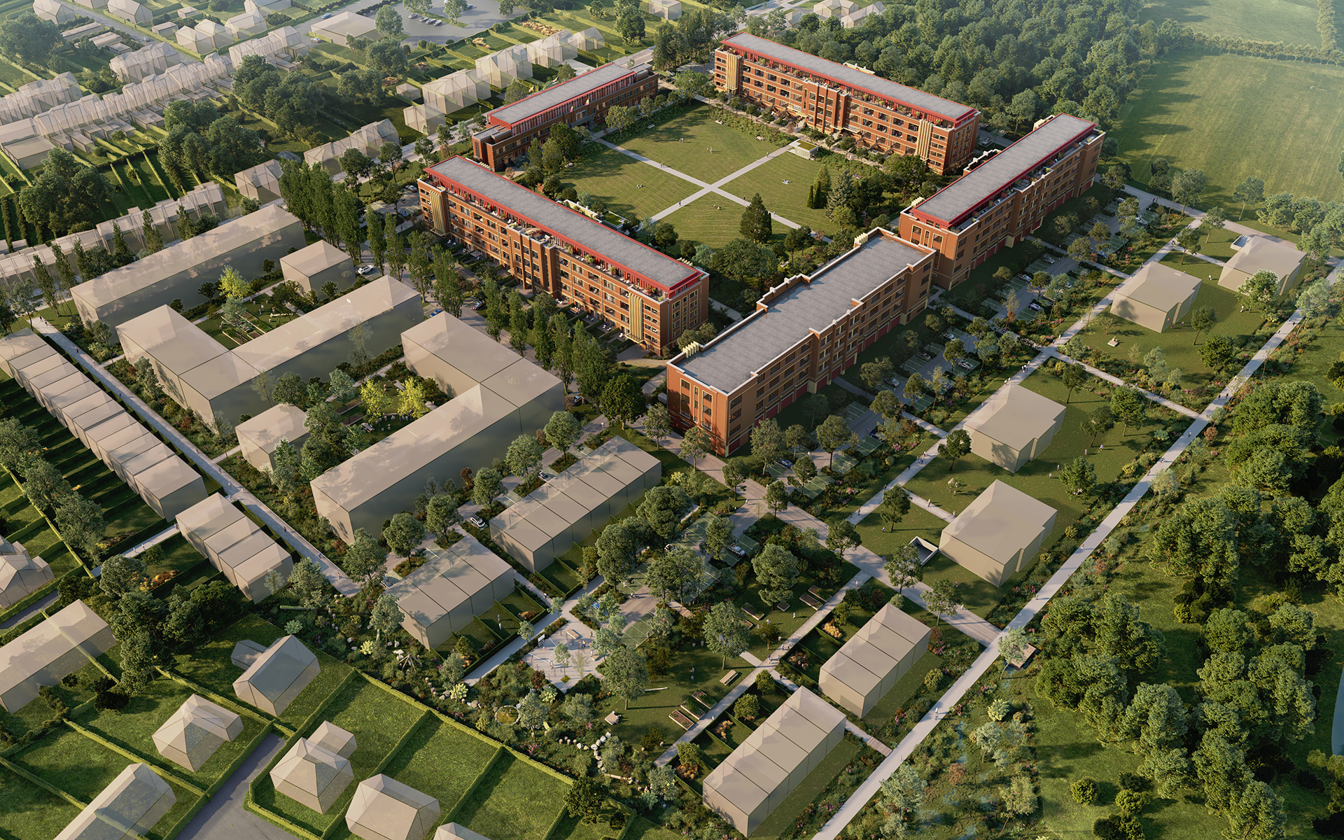 Overzicht van de Ambiorixsite met gerenoveerde kazerne en nieuwbouw rondom | C-energy